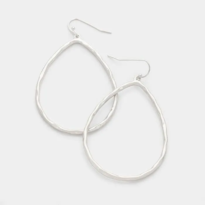 Hammered Teardrop Hoops in Silver