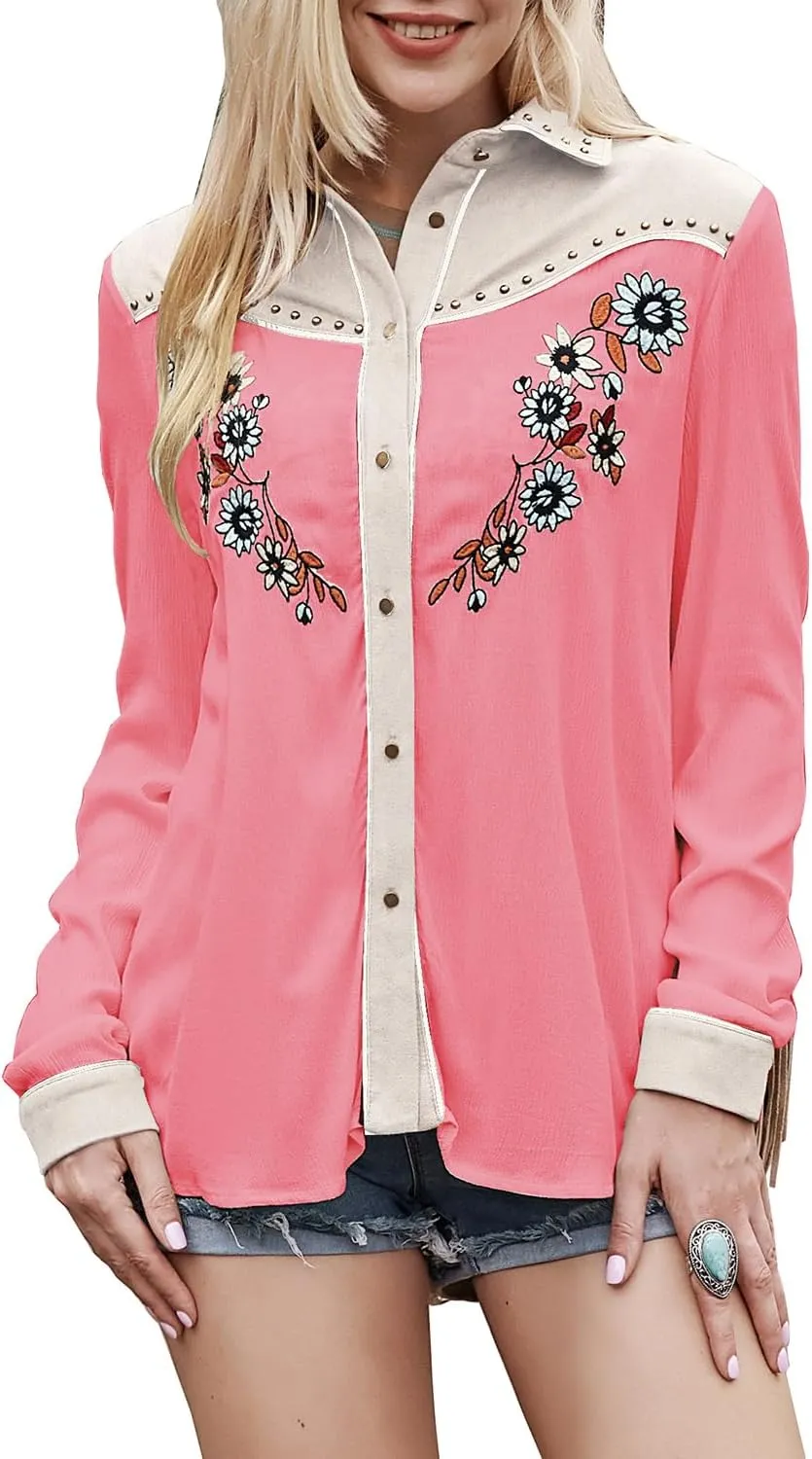JOHN MOON Women's Embroidered Western Long Sleeve Buttons Down Shirts Collared Retro Casual Blouses Shirts