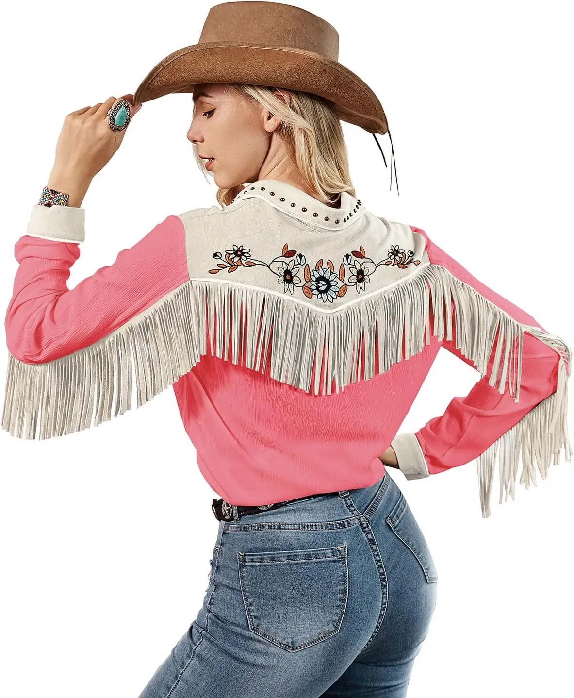 JOHN MOON Women's Embroidered Western Long Sleeve Buttons Down Shirts Collared Retro Casual Blouses Shirts