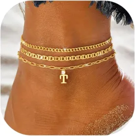 KOHOTA Initial Gold Ankle Bracelets for Women Waterproof 14K Gold Plated Anklets for Women Non Tarnish CZ Letter A-Z Dainty Layered Anklet Trendy Adjustable Foot Chain Set Summer Beach Jewelry Gifts