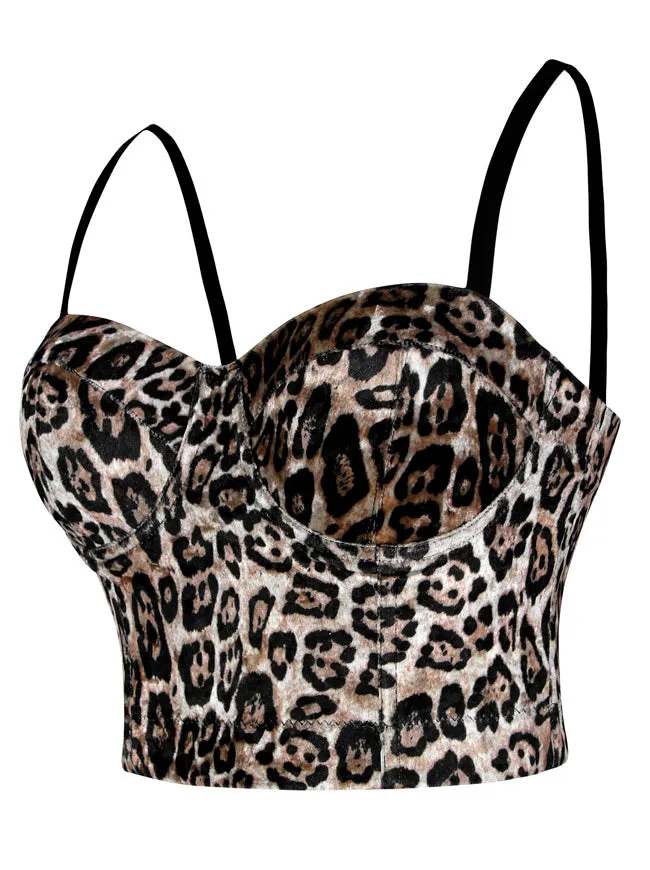 Leopard Pattern Push Up Bustier Crop Top Clubwear Spaghetti Straps Corset Bra Top