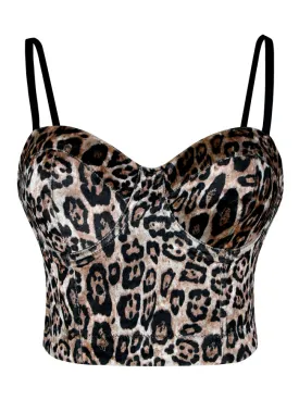 Leopard Pattern Push Up Bustier Crop Top Clubwear Spaghetti Straps Corset Bra Top