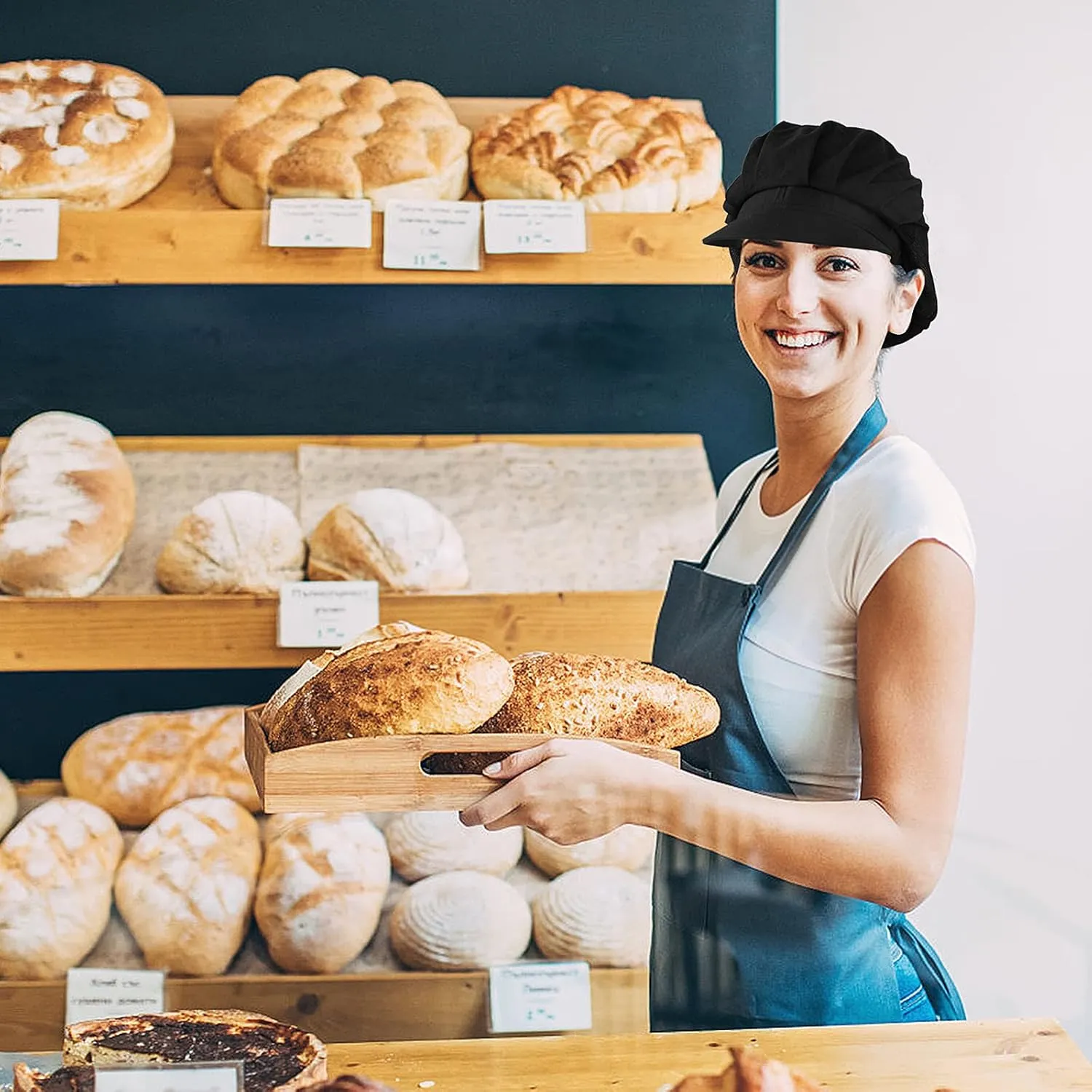 Lusofie 2Pcs Chef Hat Kitchen Baker Cooking Chef Cap Black Food Service Hairnets for Women Men with Brim