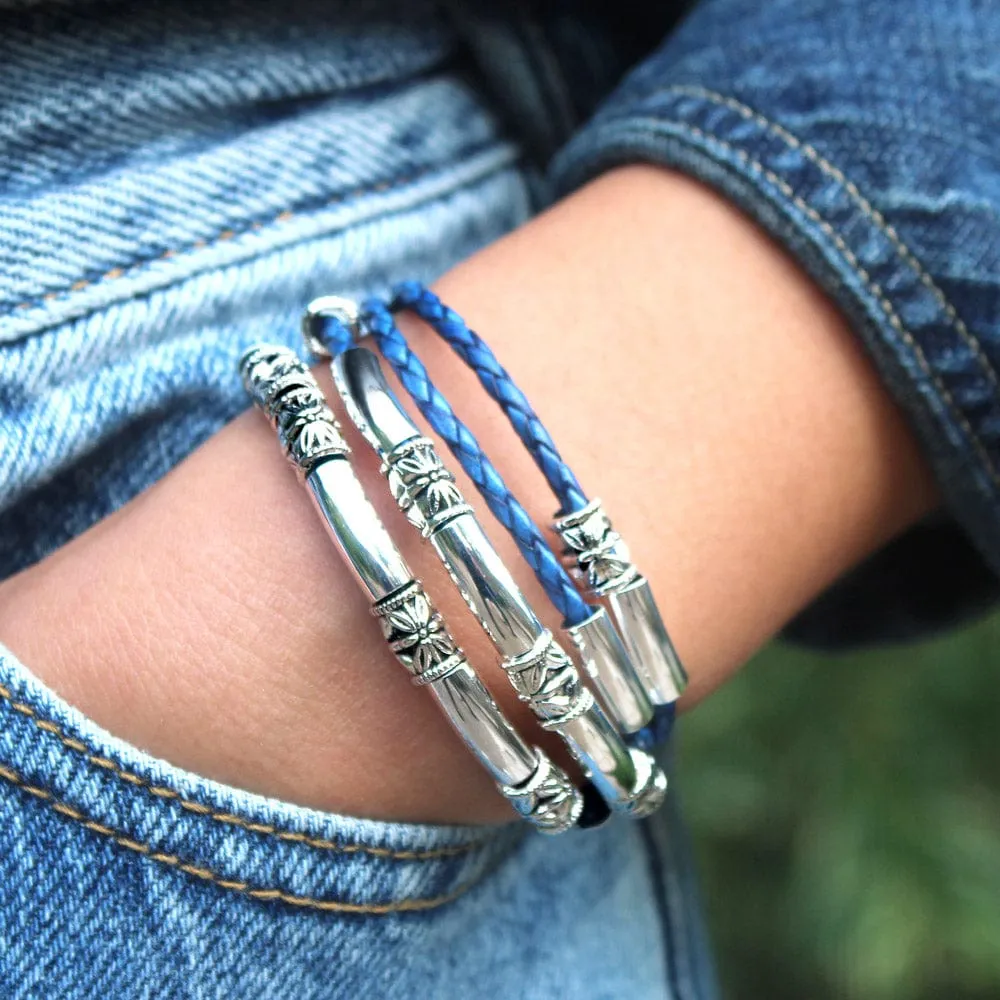 Maxi Braided Blue Leather Wrap Bracelet with Silver Etched Beads