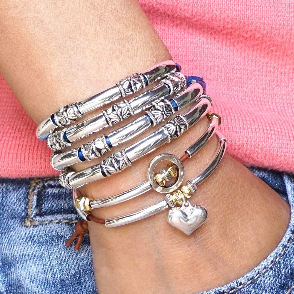Maxi Braided Blue Leather Wrap Bracelet with Silver Etched Beads