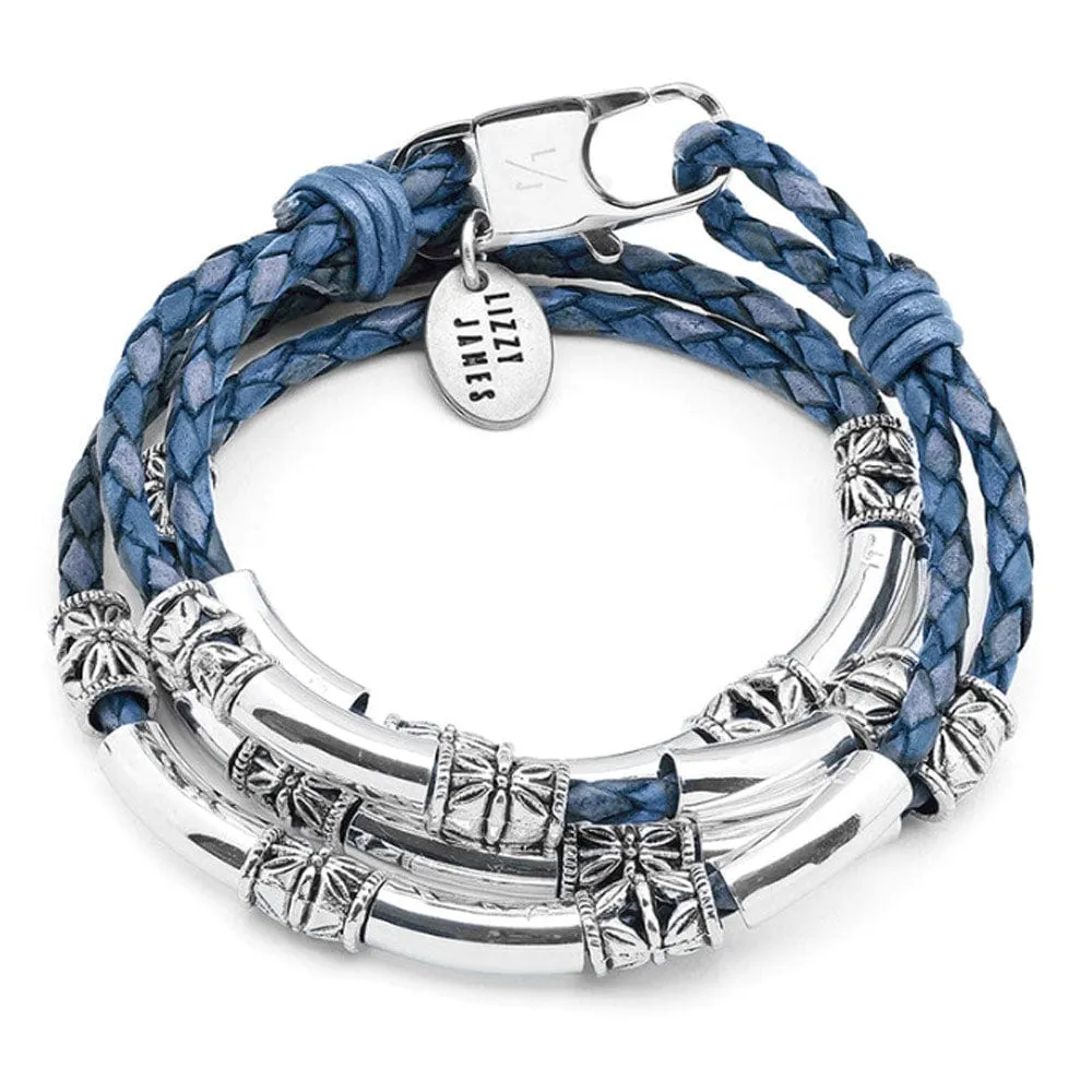 Maxi Braided Blue Leather Wrap Bracelet with Silver Etched Beads