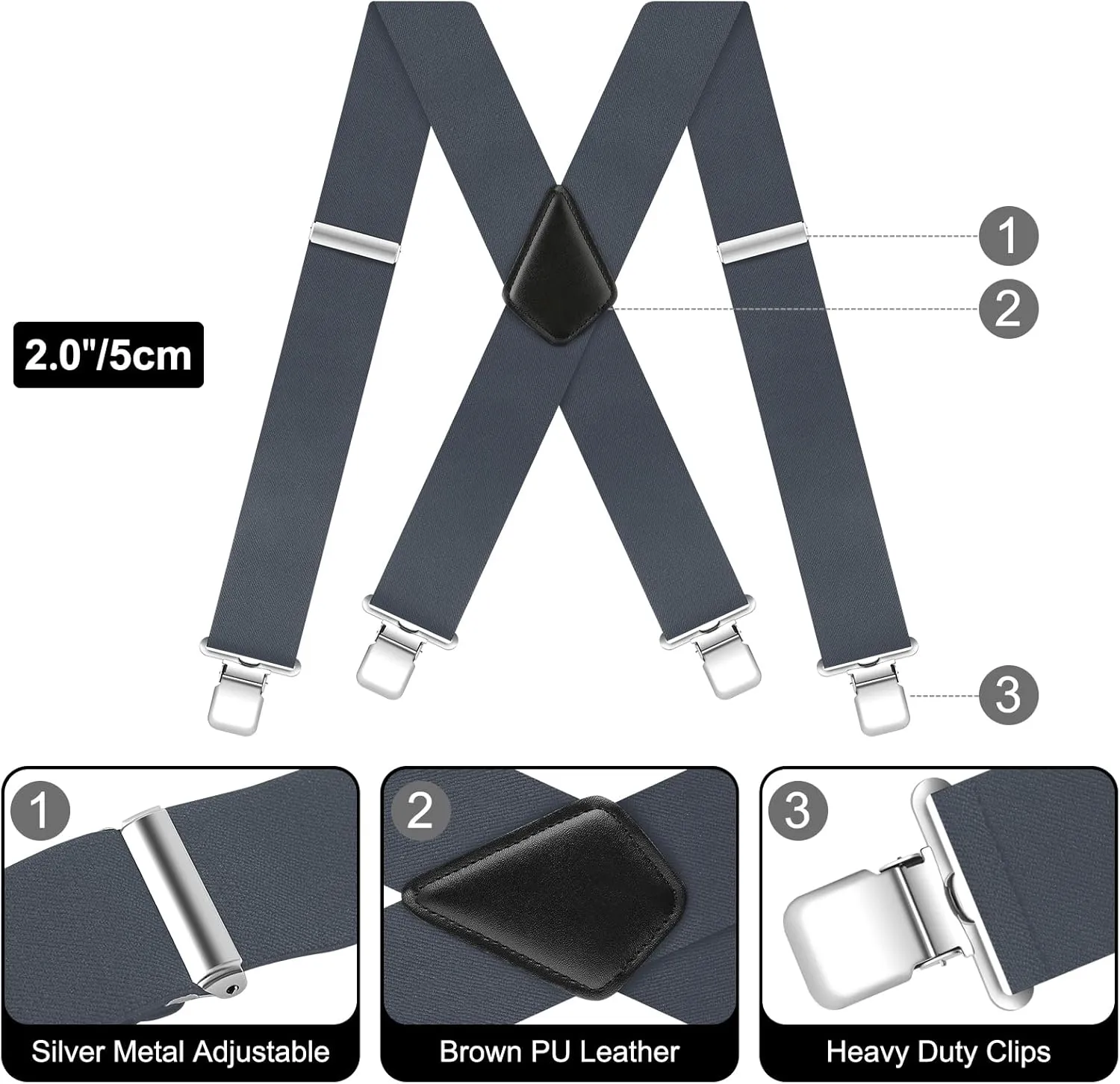 Men's Suspenders Heavy Duty Suspenders for Men Braces 2 inch Wide Clips High Elastic X Style Adjustable Work Suspenders