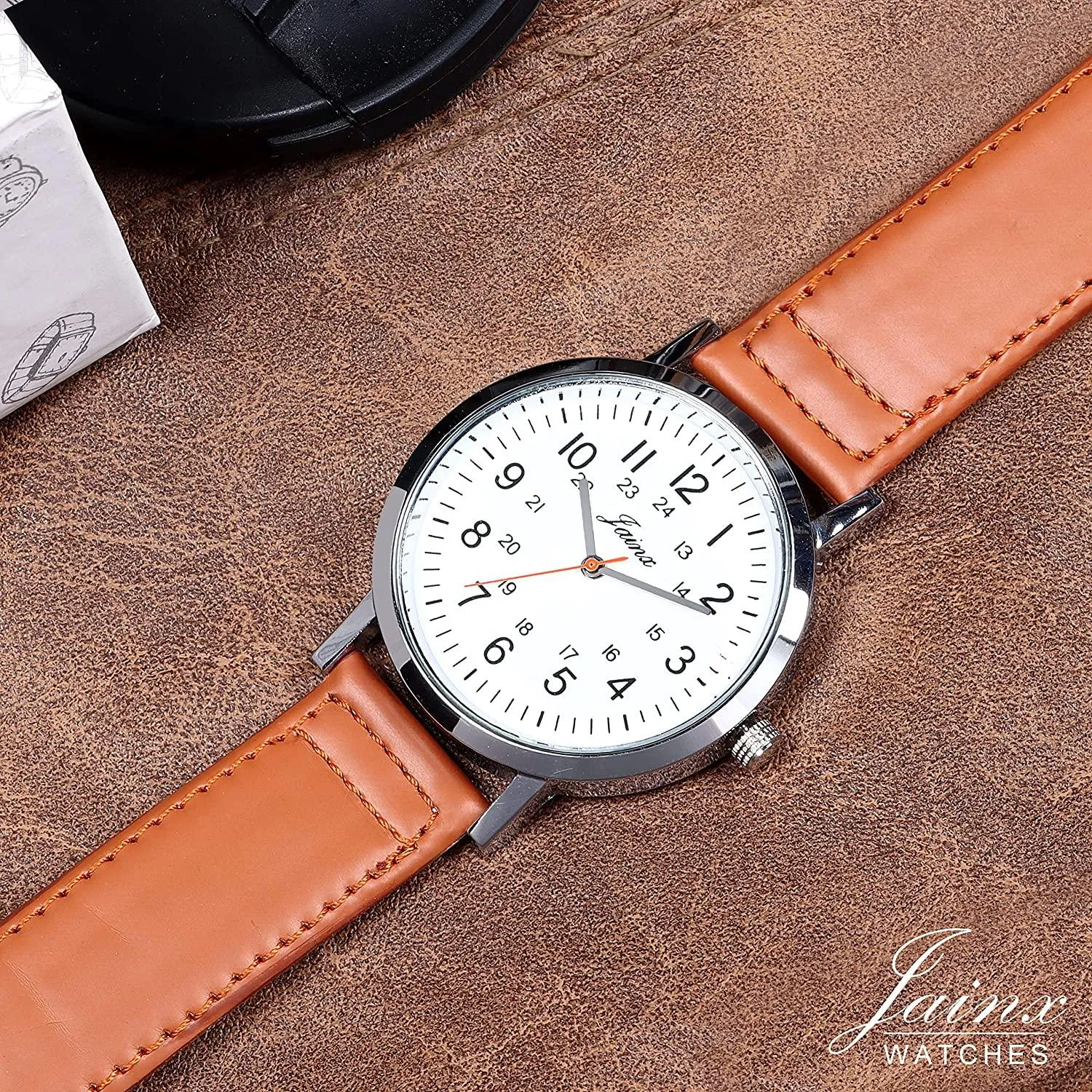 Men's White Dial Leather Strap Analog Watch - JM7144