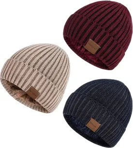 Nertpow Mens Beanie Hats 3 Pack, Winter Hats for Men Women Warm Thermal Fleece Lined, Thick Knit Fashion Skull Cap for Guys