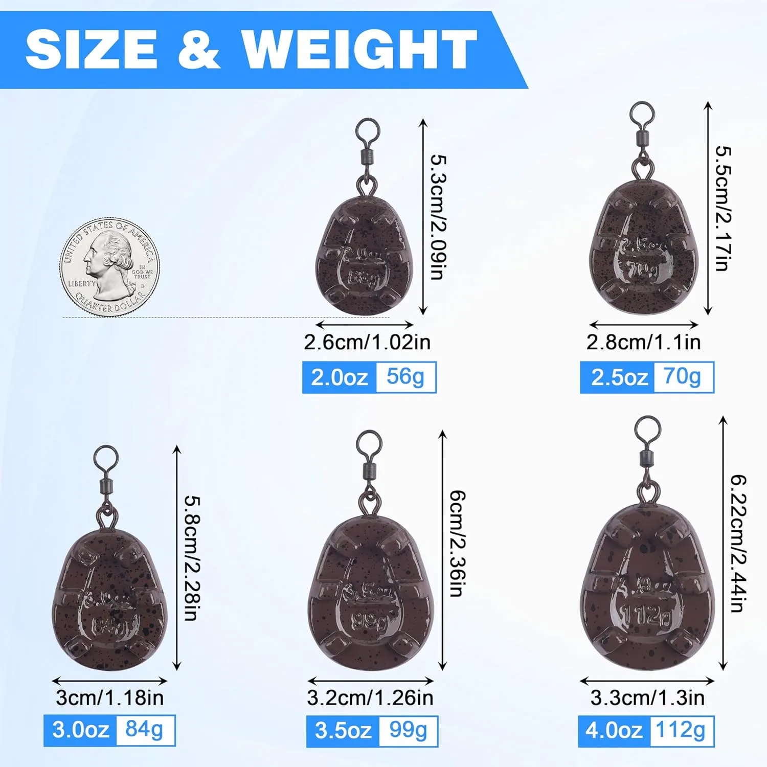 OROOTL Carp Fishing Weights Sinkers, 5pcs Carp Weight with Rolling Swivels Coated Tapered Flat Pear Fishing Sinkers with Swivels Carp Fishing Tackle