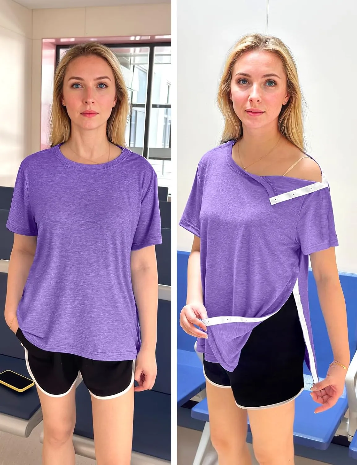 Post Shoulder Surgery Shirts for Women- Short Sleeve-Full Snap-Open Arm Shoulder Recovery Clothing Chemo Clothing