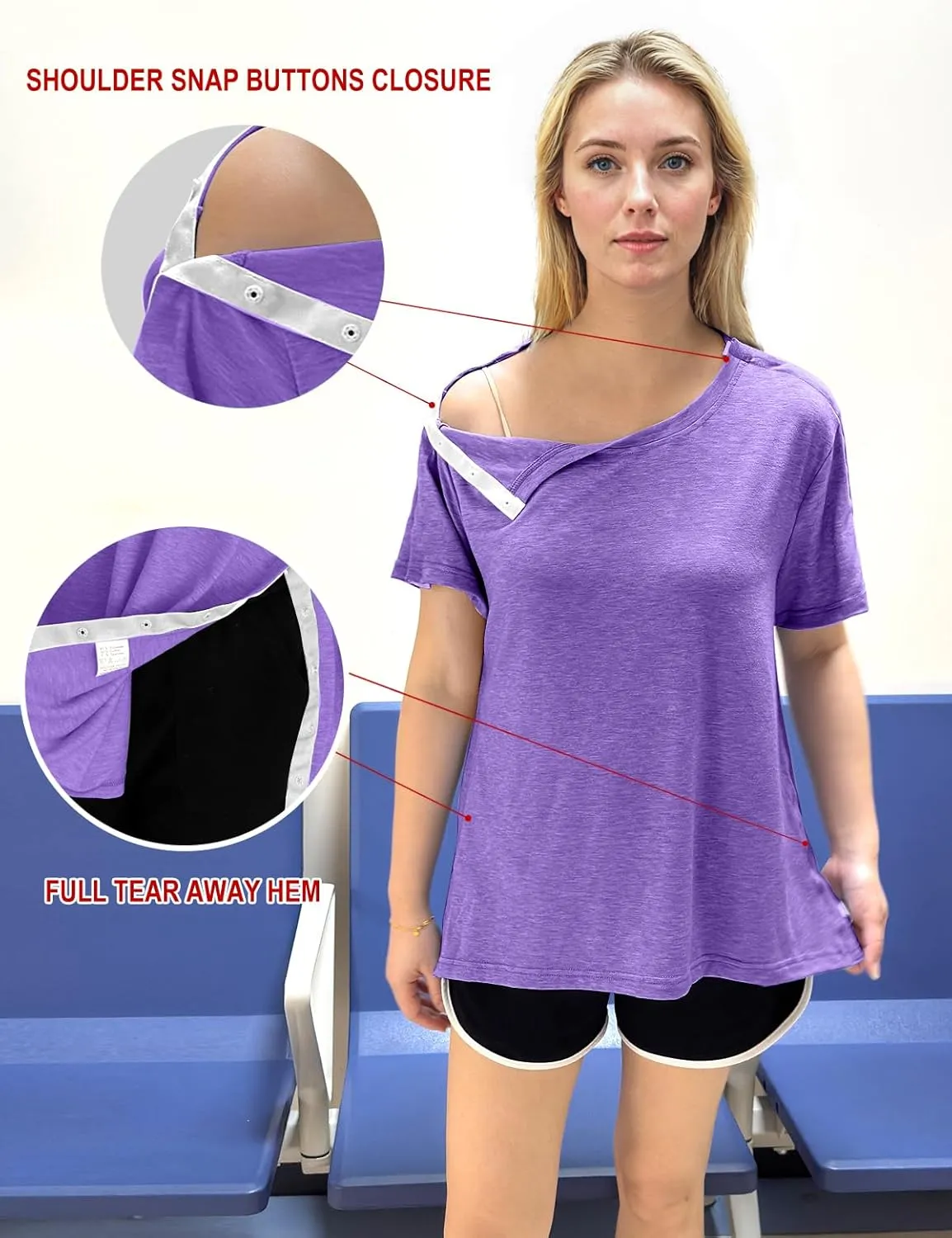 Post Shoulder Surgery Shirts for Women- Short Sleeve-Full Snap-Open Arm Shoulder Recovery Clothing Chemo Clothing