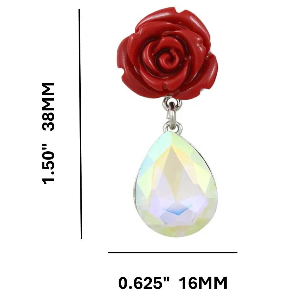 Red Rose with Aurora Borealis Teardrop Pierced Earring - REC420