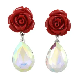 Red Rose with Aurora Borealis Teardrop Pierced Earring - REC420