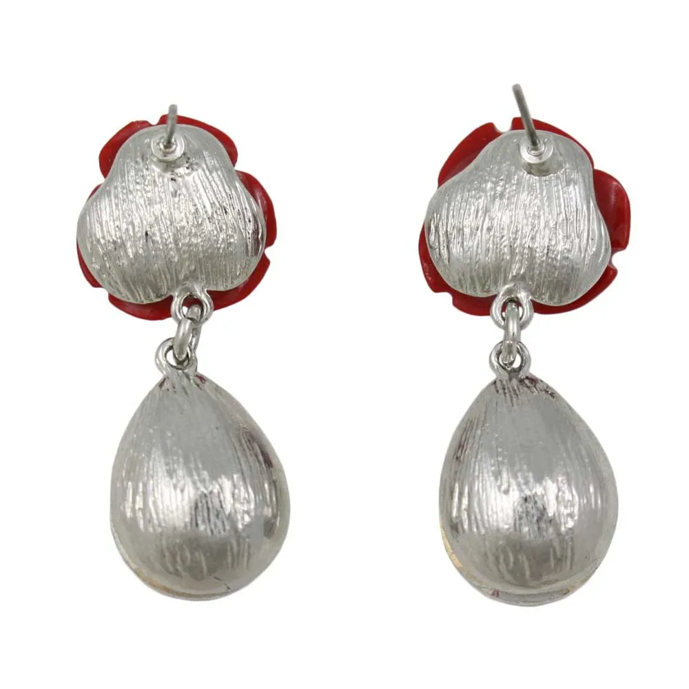 Red Rose with Aurora Borealis Teardrop Pierced Earring - REC420