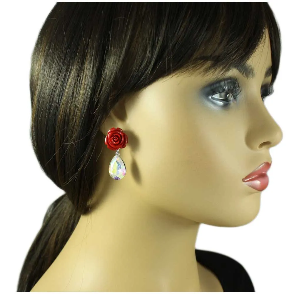 Red Rose with Aurora Borealis Teardrop Pierced Earring - REC420