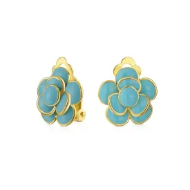 RedBlue Turquoise Enamel Rose Clip-On Earrings Non-Pierced 14K Gold Plated