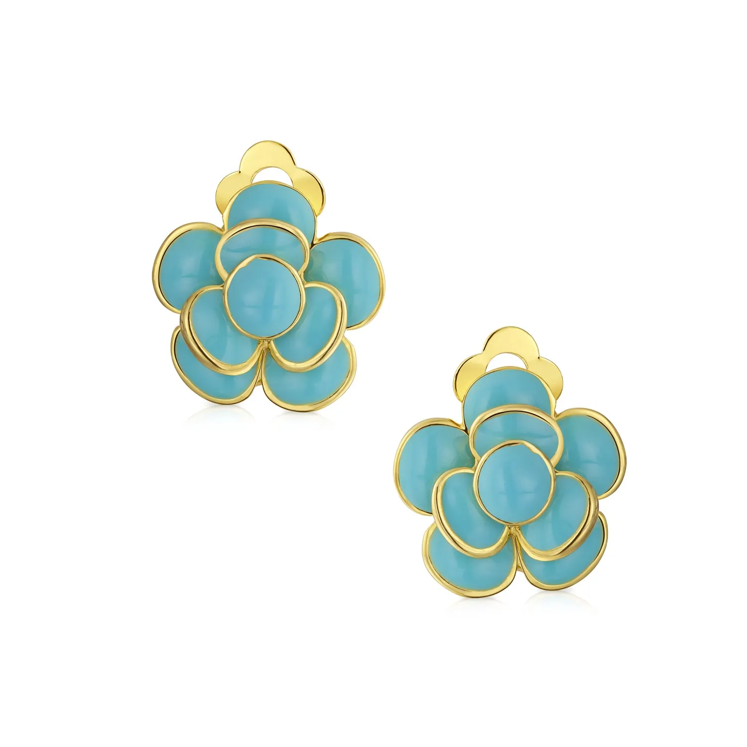RedBlue Turquoise Enamel Rose Clip-On Earrings Non-Pierced 14K Gold Plated