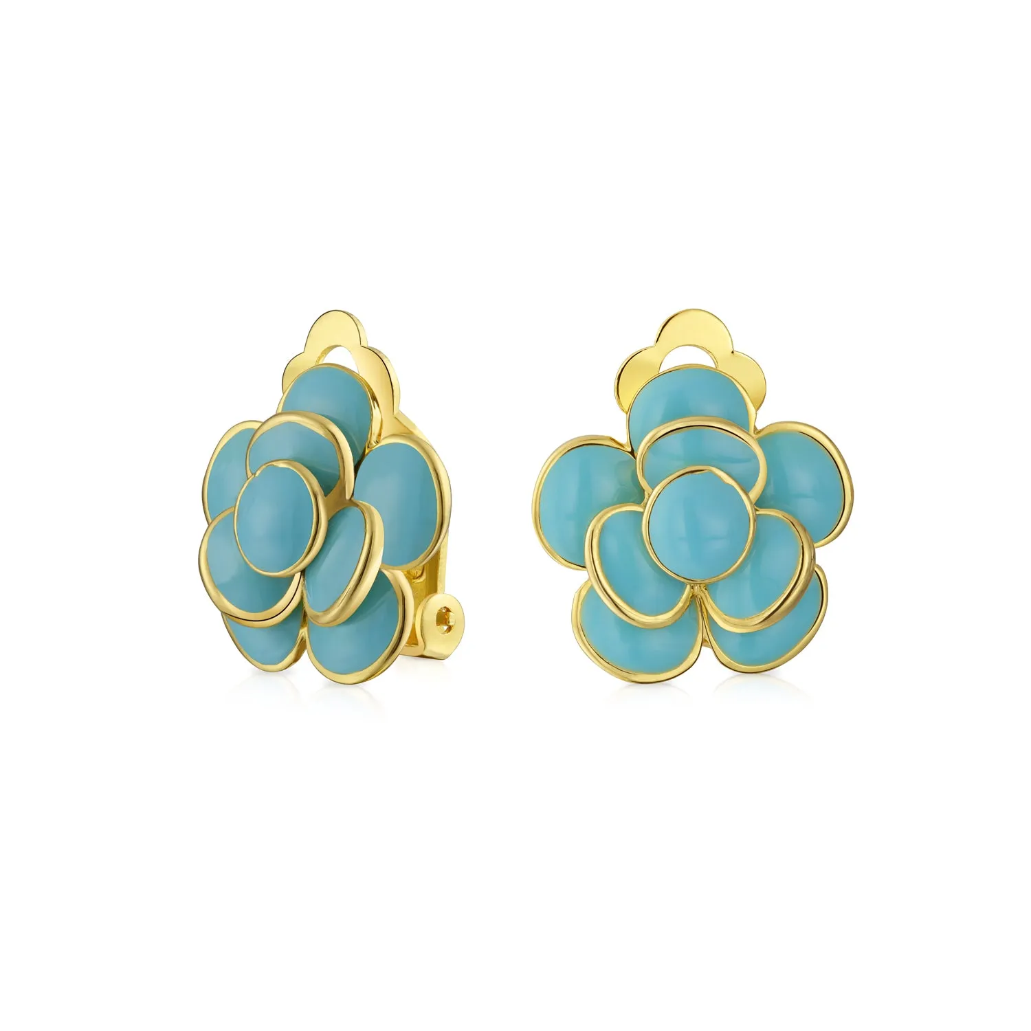 RedBlue Turquoise Enamel Rose Clip-On Earrings Non-Pierced 14K Gold Plated
