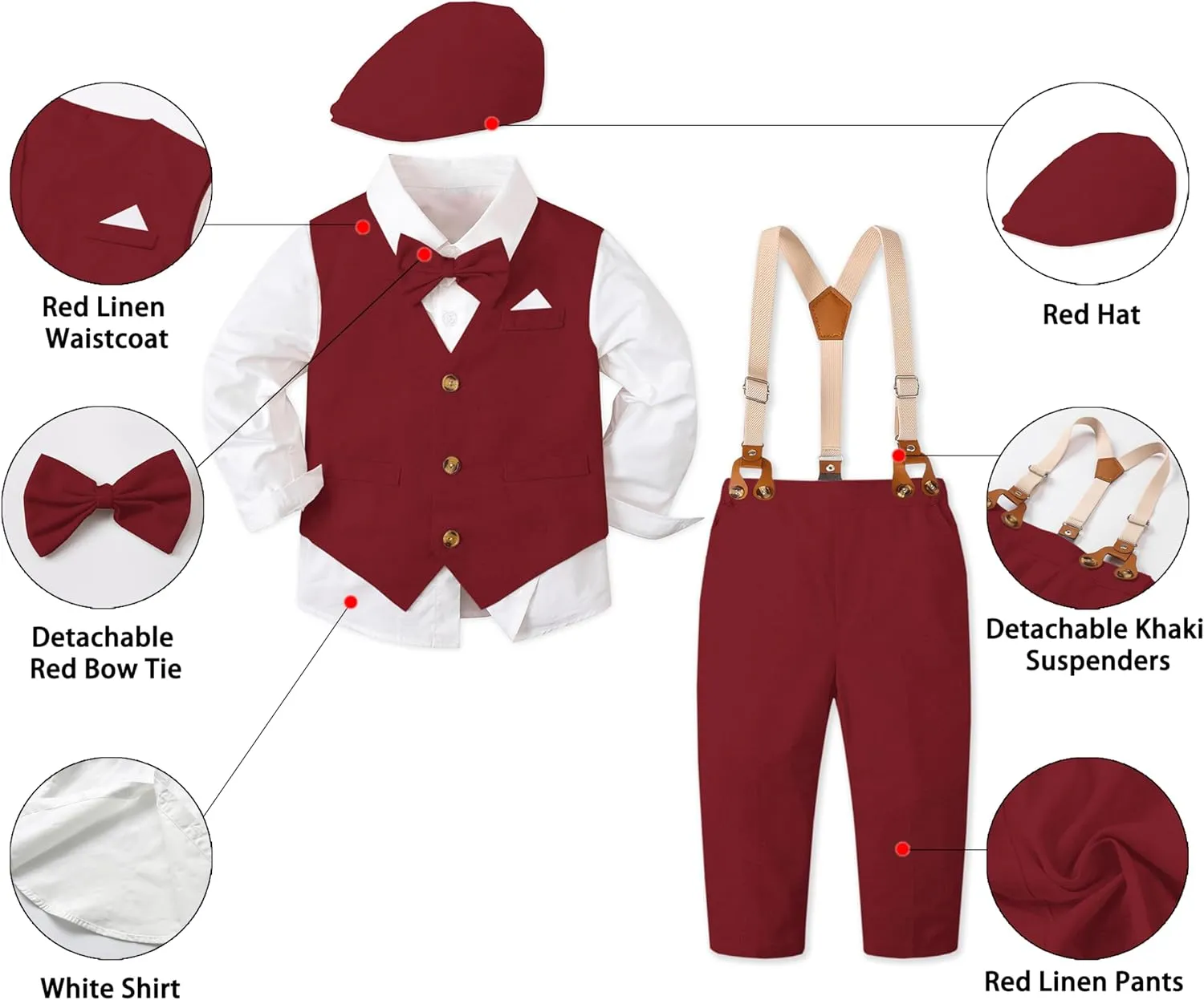 SANGTREE Boys Kids Little Boy Formal Suits Clothes Set, Shirt with Bow Tie Beret Hat Suspender Pants Sets, 3 Months - 9 Years