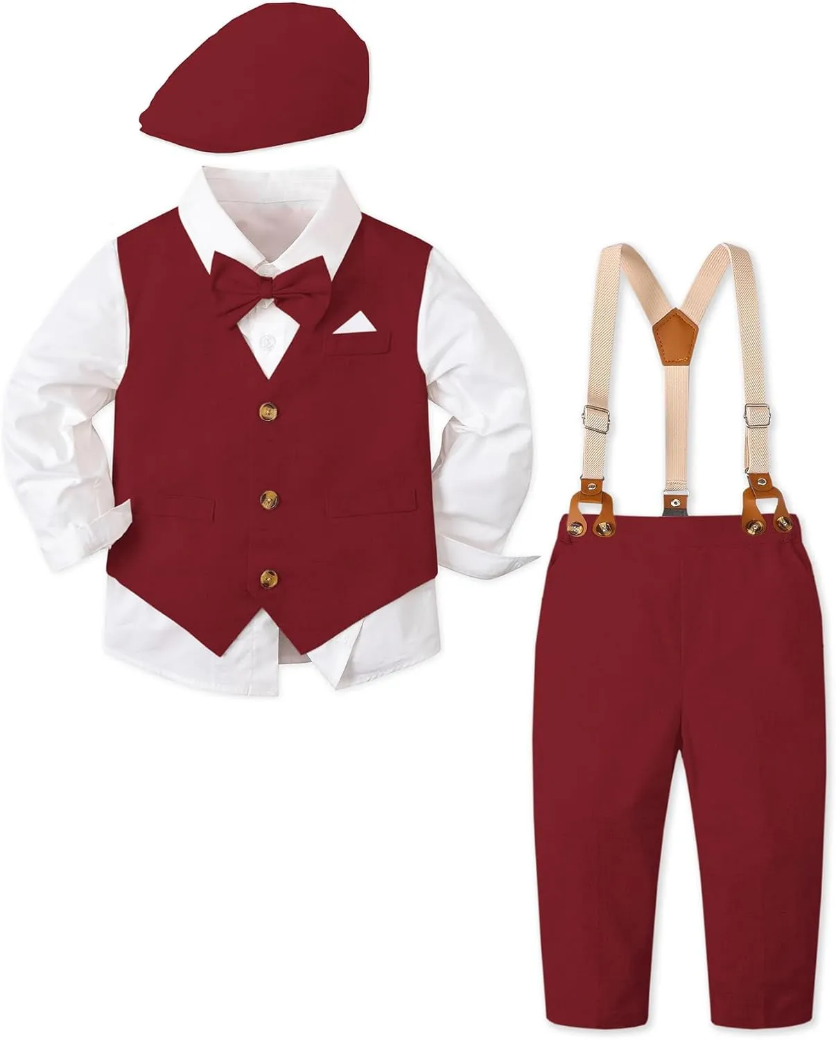SANGTREE Boys Kids Little Boy Formal Suits Clothes Set, Shirt with Bow Tie Beret Hat Suspender Pants Sets, 3 Months - 9 Years