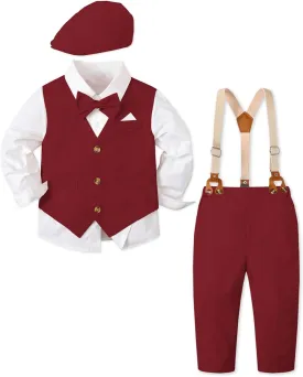 SANGTREE Boys Kids Little Boy Formal Suits Clothes Set, Shirt with Bow Tie Beret Hat Suspender Pants Sets, 3 Months - 9 Years