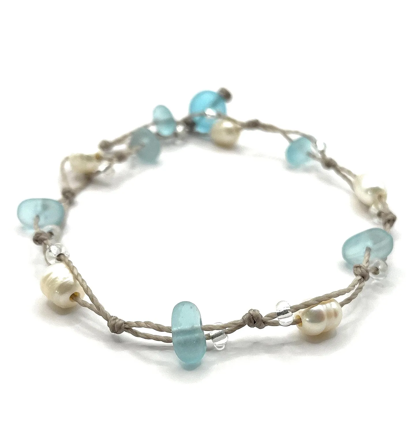 Sea Glass Bracelet or Ankle Wrap with Aqua Blue Glass and Freshwater Pearls, 11" Wrap, Beachy Boho Jewelry for Women, Handmade by Beach Soul