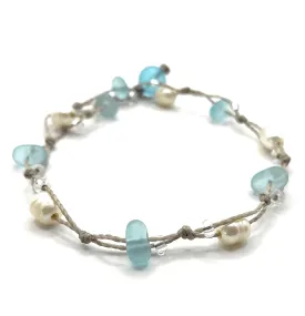 Sea Glass Bracelet or Ankle Wrap with Aqua Blue Glass and Freshwater Pearls, 11" Wrap, Beachy Boho Jewelry for Women, Handmade by Beach Soul