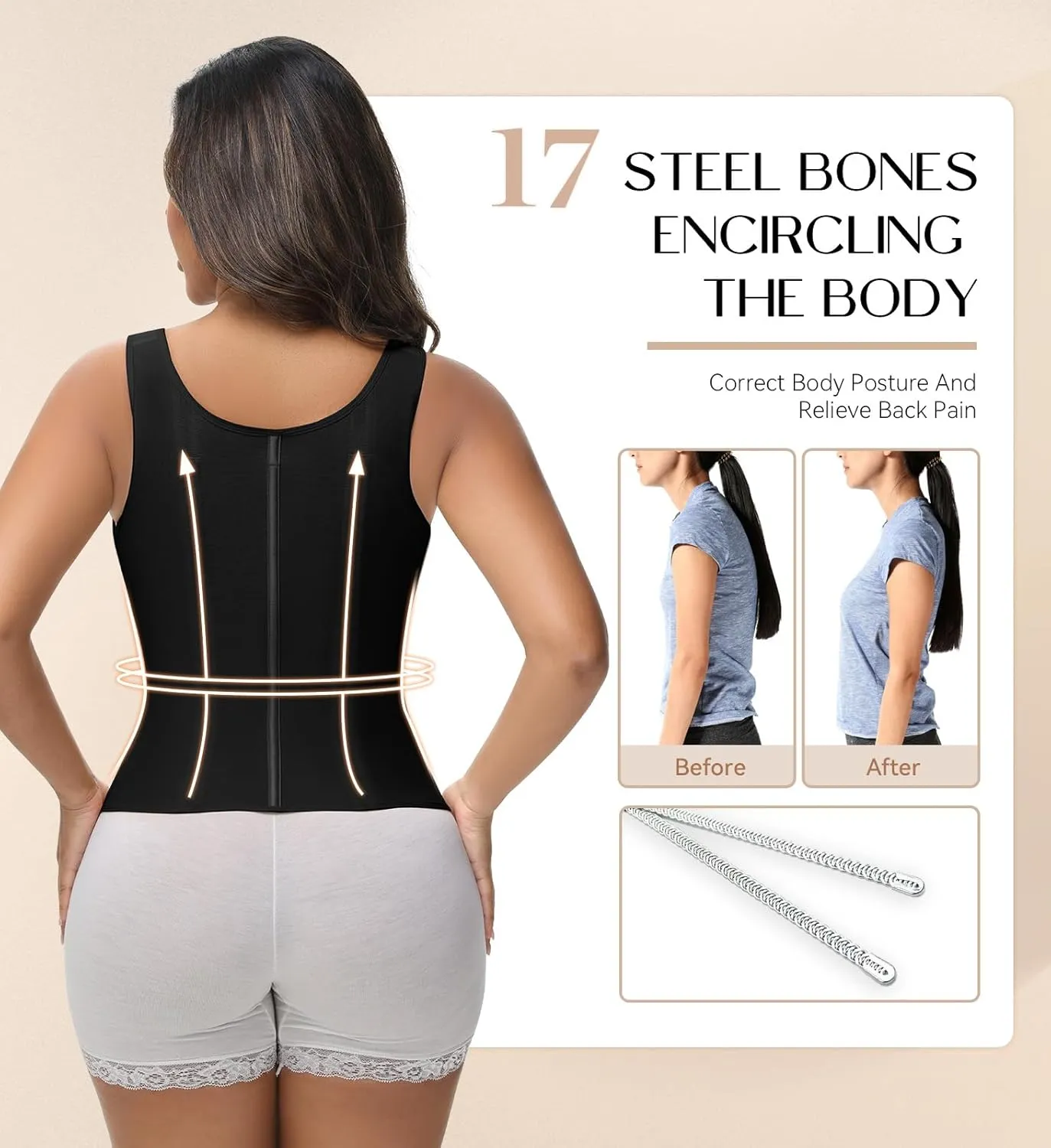 SHAPSHE Waist Trainer Corset for Women Tummy Control Sport Workout Body Shaper Vest for Women Postpartum Gym Zipper and Hooks