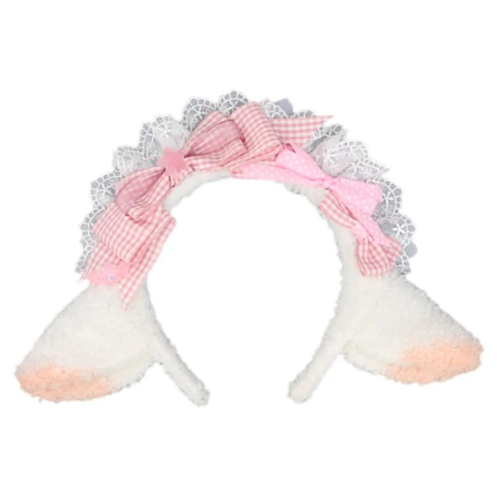 Sheep Ear Headband Pleated Lace Bowknot Shape Hair Hoop Cute Taking Photo Hair Holder Party Costume Headwear for Teens