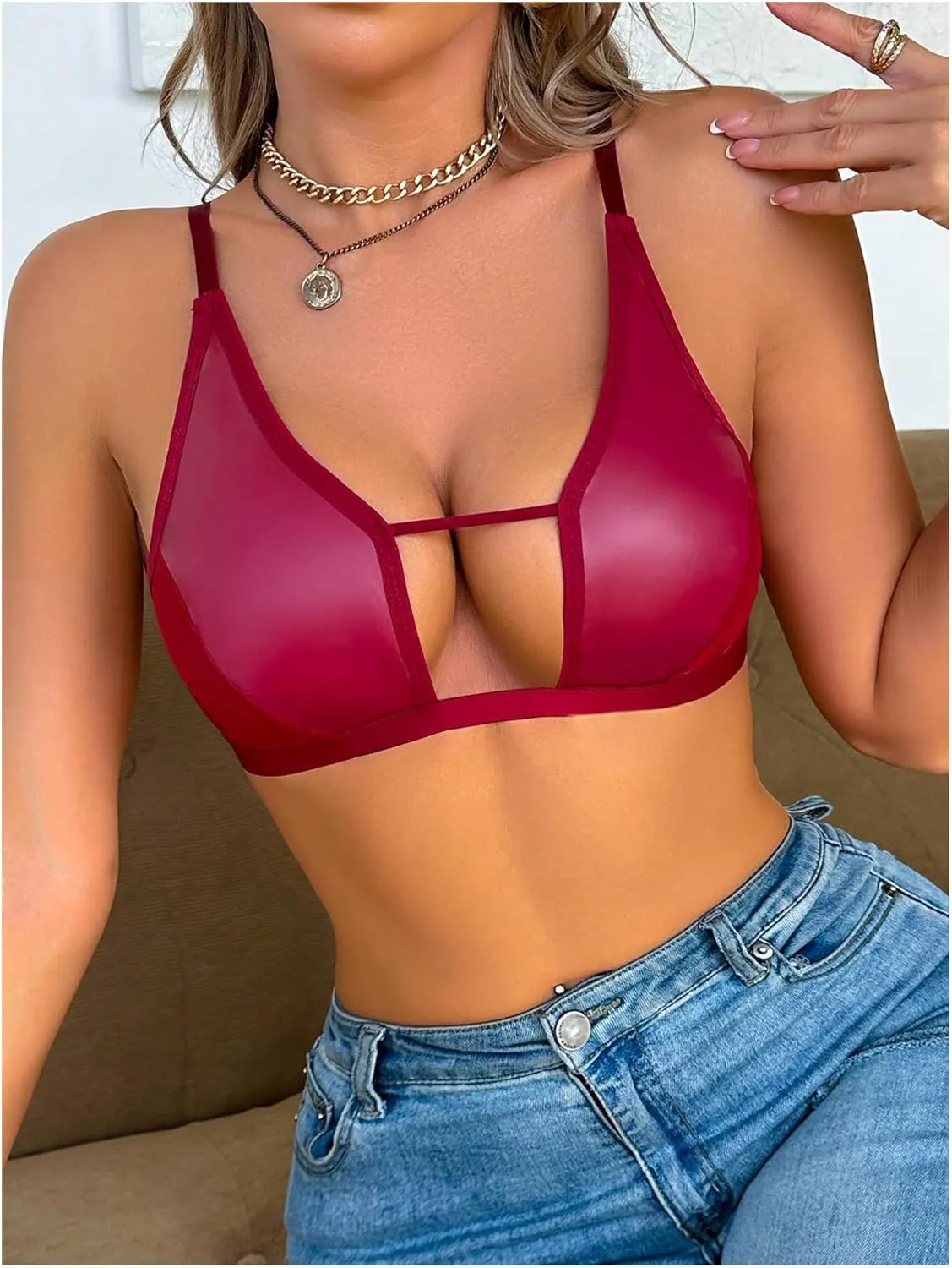SOLY HUX Bras for Women PU Leather Bra Contrast Mesh Comfort Bralette