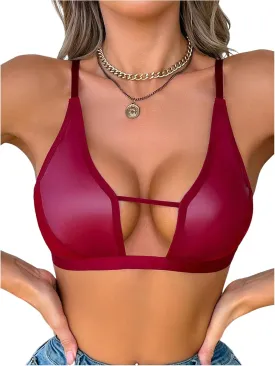SOLY HUX Bras for Women PU Leather Bra Contrast Mesh Comfort Bralette