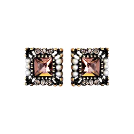 Square Pink Crystal Rhinestone Vinage Style Pearl Invisible Clip On Stud Earrings