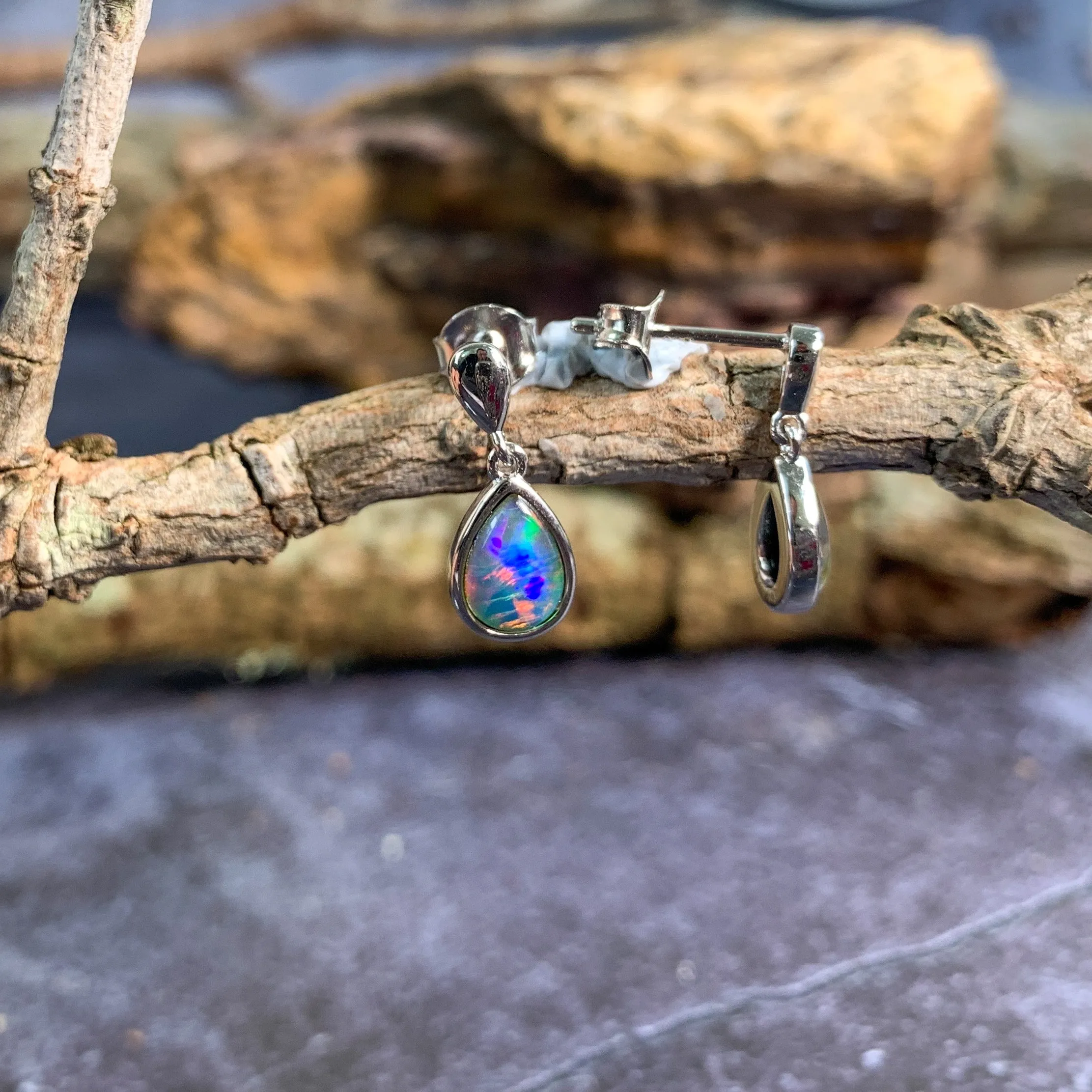Sterling Silver dangling pear shape 8x5mm earrings Opal triplet