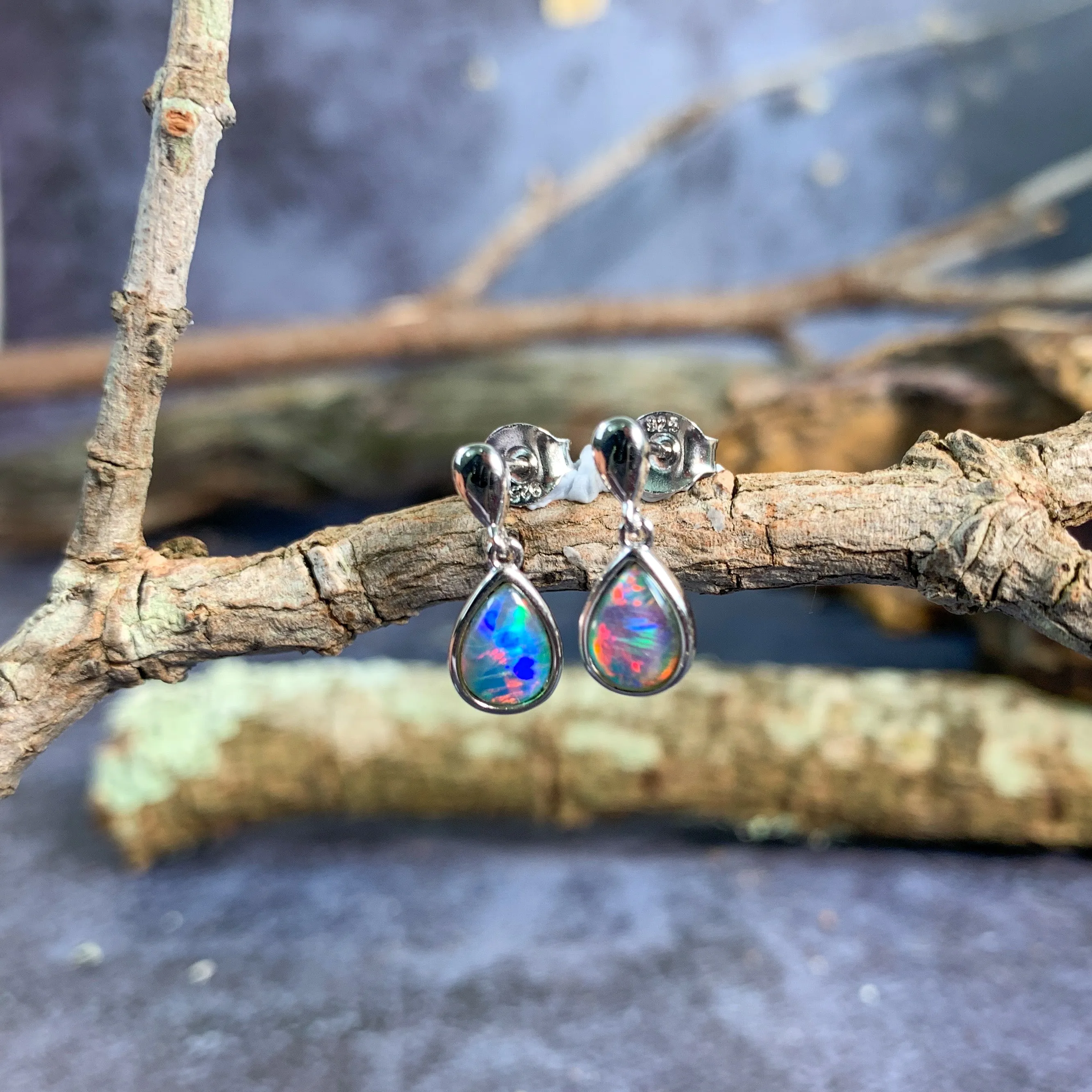 Sterling Silver dangling pear shape 8x5mm earrings Opal triplet