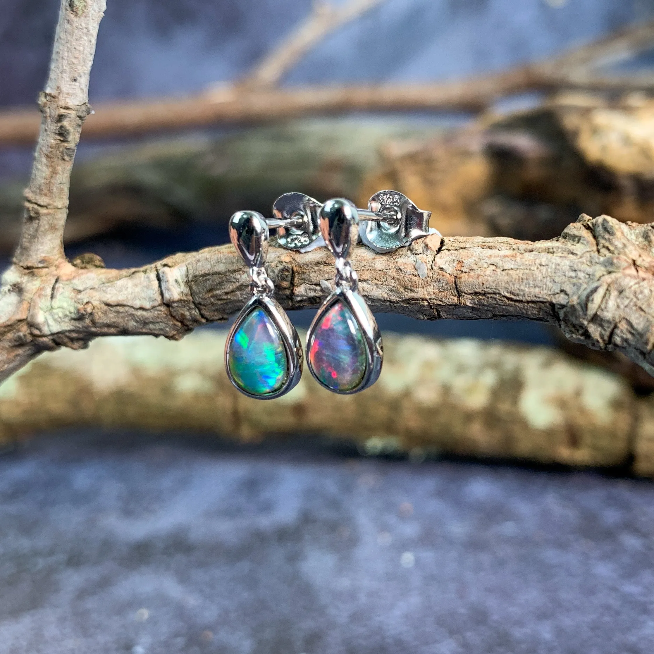 Sterling Silver dangling pear shape 8x5mm earrings Opal triplet