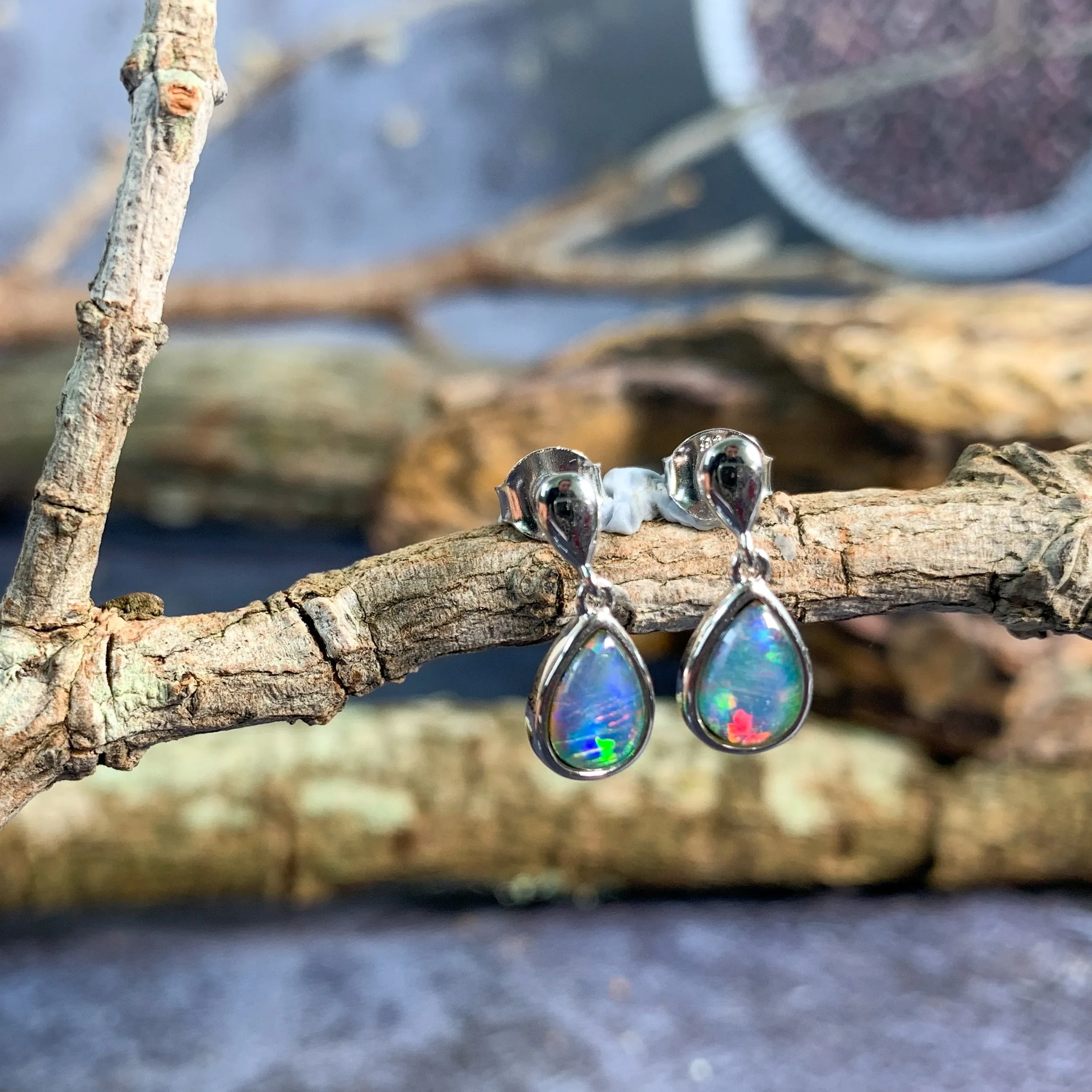 Sterling Silver dangling pear shape 8x5mm earrings Opal triplet