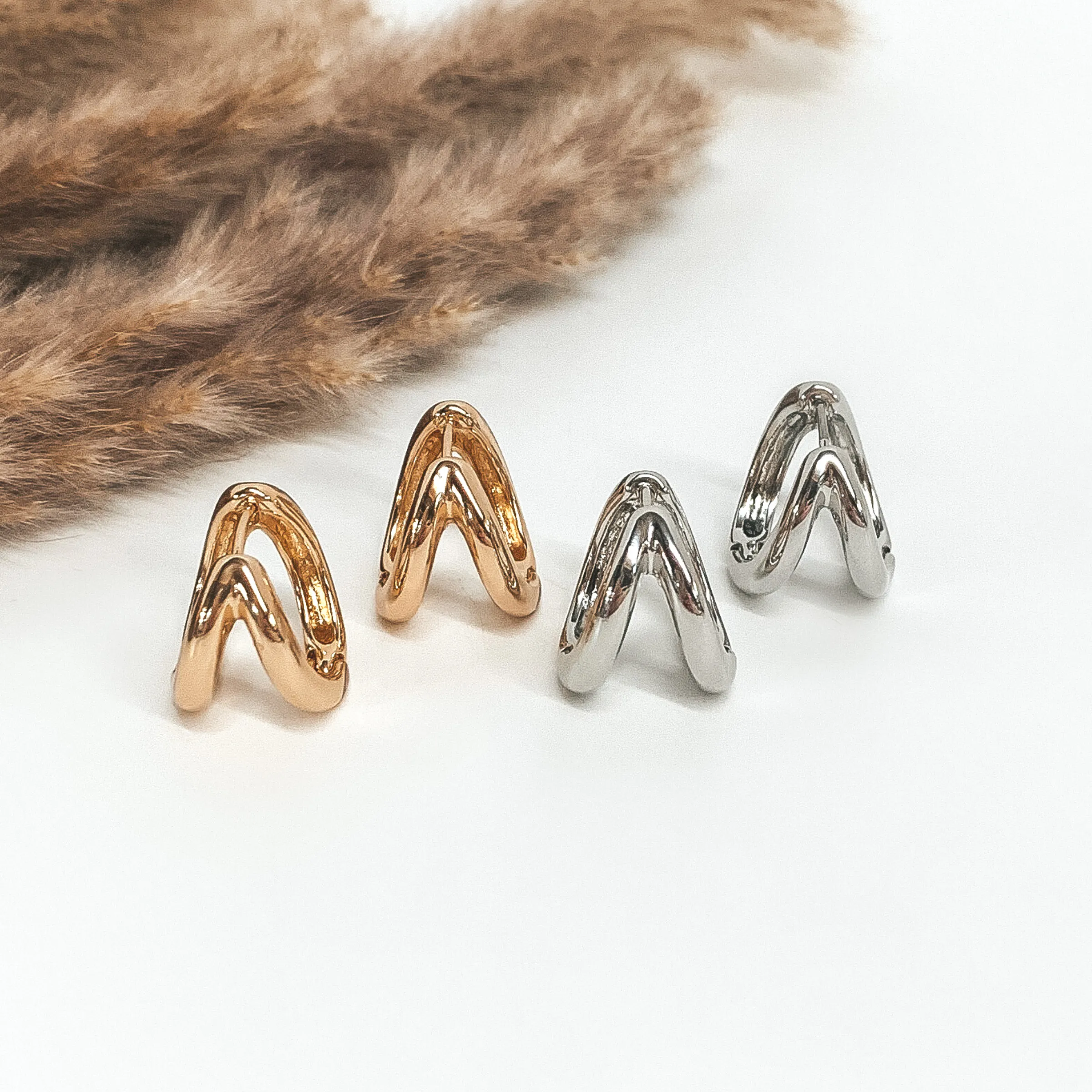 Thick Double Hoop Huggie Earrings in Gold Tone