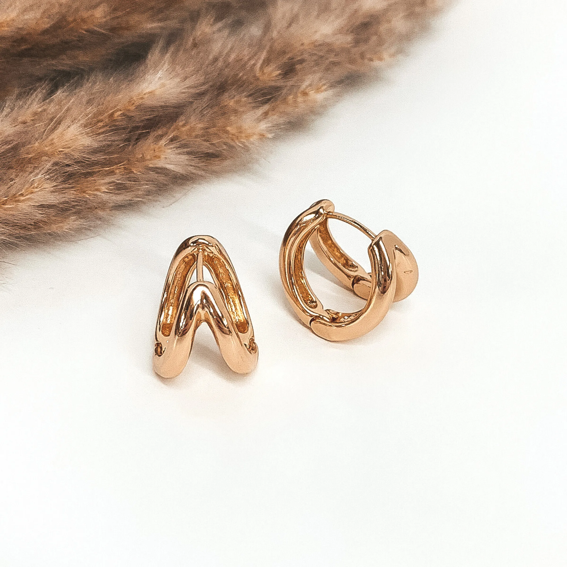 Thick Double Hoop Huggie Earrings in Gold Tone