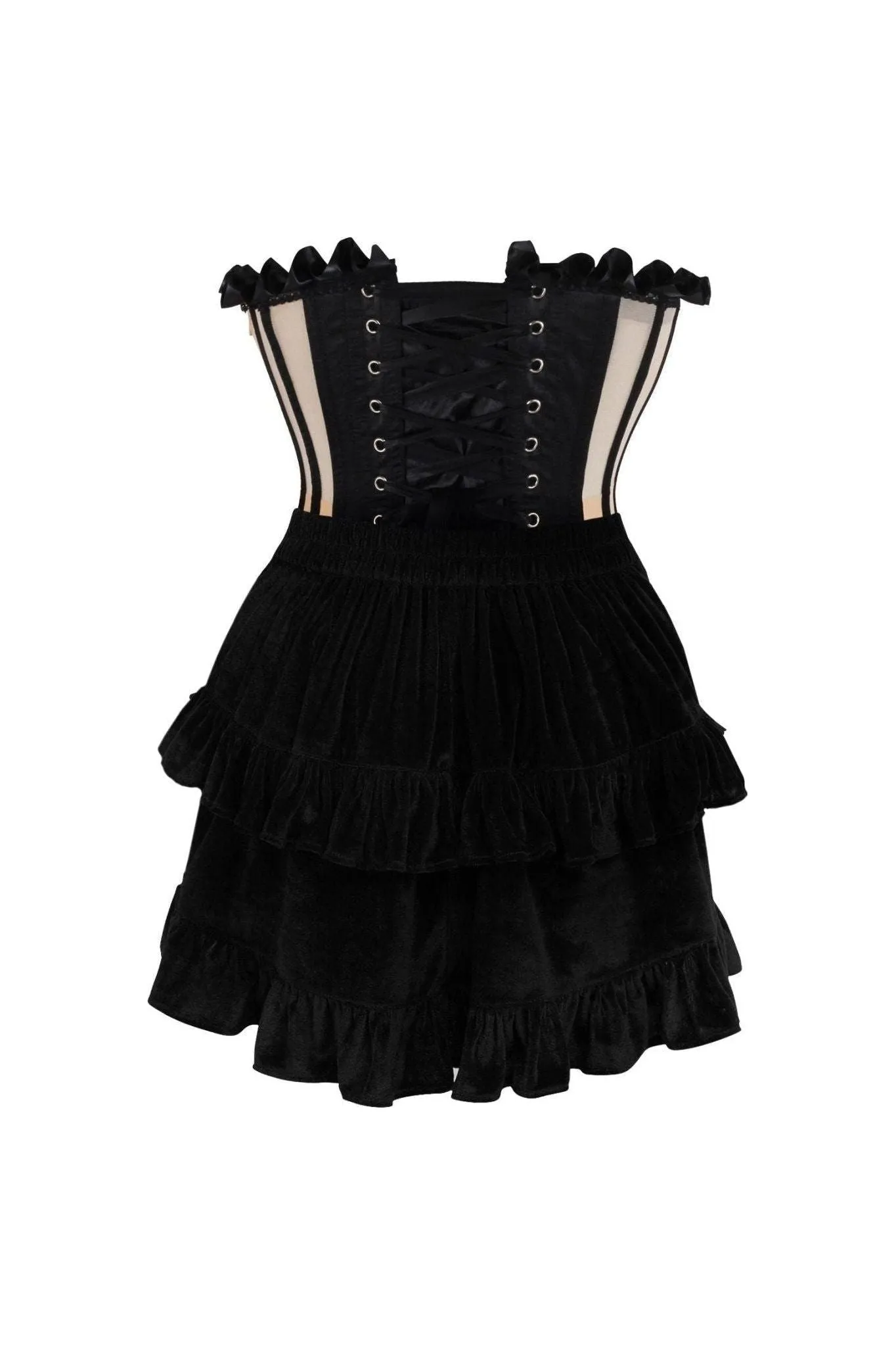 Top Drawer 2 PC Steel Boned Nude & Black Mesh Underwire Bustier Corset & Skirt Set