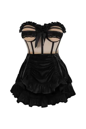 Top Drawer 2 PC Steel Boned Nude & Black Mesh Underwire Bustier Corset & Skirt Set