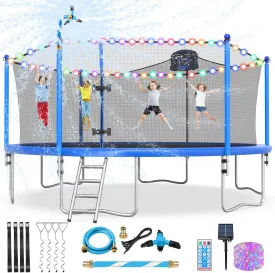 Upgraded 10/12/14/15/16FT Trampoline Outdoor, Large Kids Trampoline with Light, Stakes, Sprinkler, Backyard Trampoline with Basketball Hoop and Net, Capacity for 4-6 Kids and Adults
