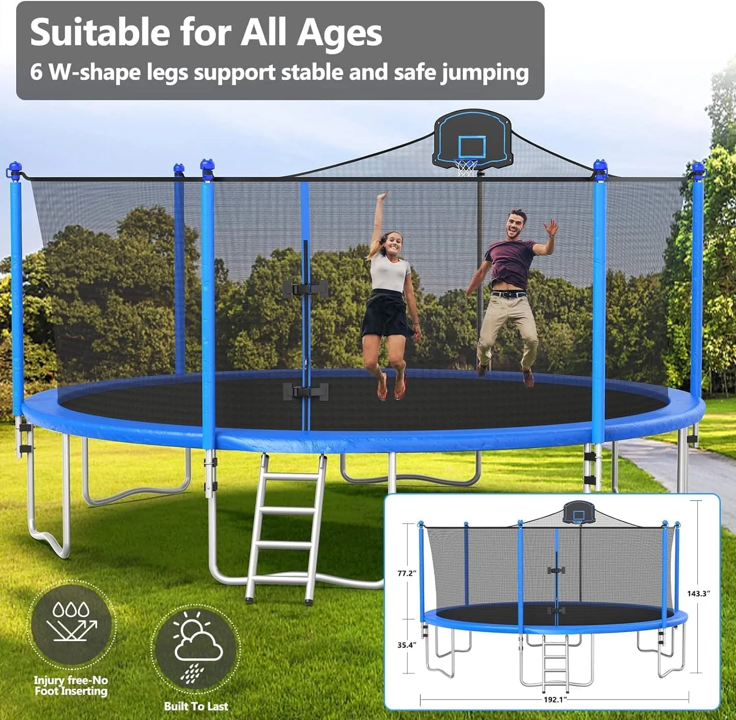 Upgraded 10/12/14/15/16FT Trampoline Outdoor, Large Kids Trampoline with Light, Stakes, Sprinkler, Backyard Trampoline with Basketball Hoop and Net, Capacity for 4-6 Kids and Adults