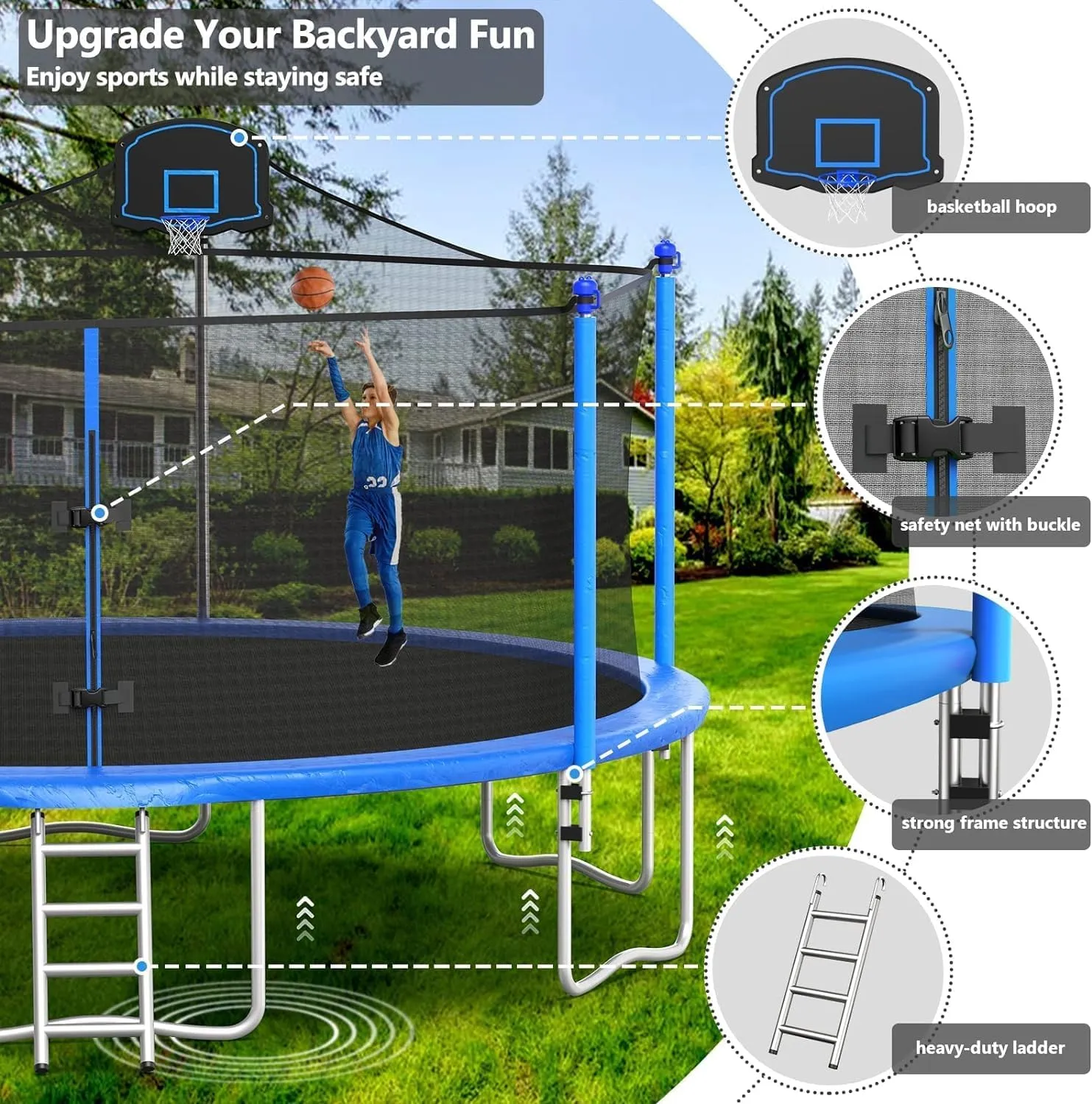 Upgraded 10/12/14/15/16FT Trampoline Outdoor, Large Kids Trampoline with Light, Stakes, Sprinkler, Backyard Trampoline with Basketball Hoop and Net, Capacity for 4-6 Kids and Adults