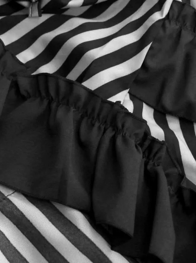 Victorian Steampunk Gothic Irregular High-low Ruffle Skirt /Black and White Stripes