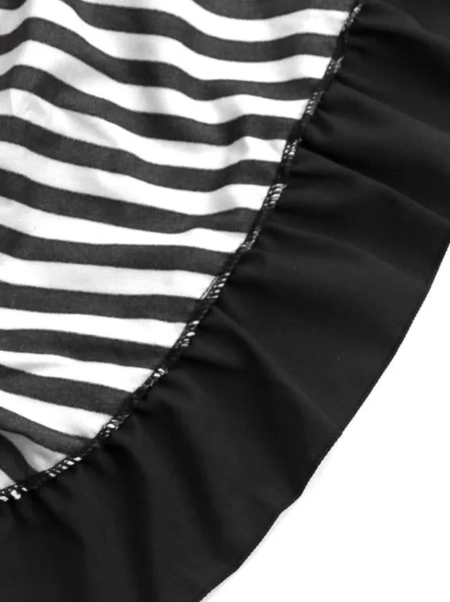 Victorian Steampunk Gothic Irregular High-low Ruffle Skirt /Black and White Stripes