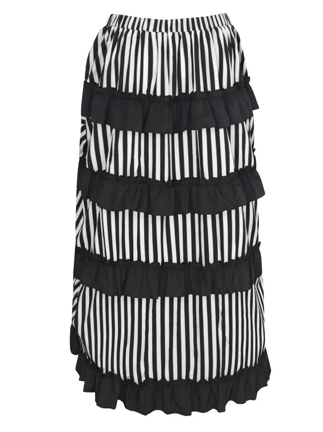 Victorian Steampunk Gothic Irregular High-low Ruffle Skirt /Black and White Stripes