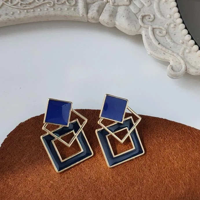 Vintage Style Large Blue Square Motif Invisible Clip On Earrings