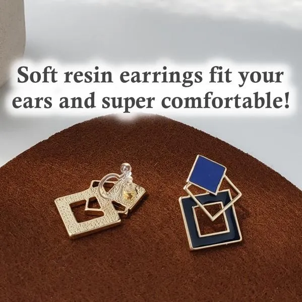 Vintage Style Large Blue Square Motif Invisible Clip On Earrings
