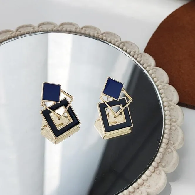 Vintage Style Large Blue Square Motif Invisible Clip On Earrings